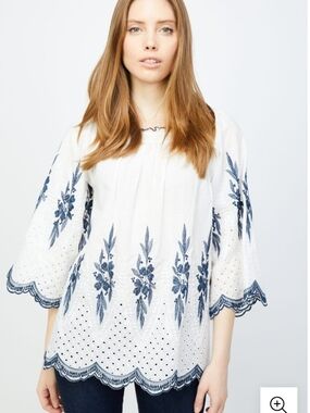 Studio West White Peasant Tunic with Navy Floral Embroidery